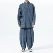 Load image into Gallery viewer, Vintage Washed Denim Cross Front Kimono Coat