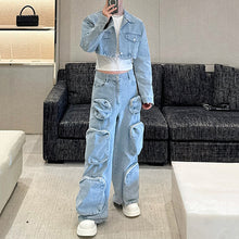 Load image into Gallery viewer, Denim Three-dimensional Multi-pocket Short Jacket and Wide-leg Trousers Two-piece Set