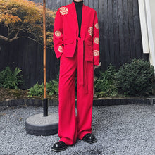 Load image into Gallery viewer, Retro Cirrus Embroidered Red Suit Jacket Wide-leg Trousers Two-piece Set