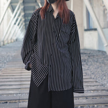 Load image into Gallery viewer, Black and White Striped Loose Long Sleeve Shirt