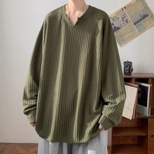 Load image into Gallery viewer, Loose V-neck Long-sleeved Textured T-shirt