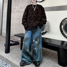 Load image into Gallery viewer, Diamond Jacquard Ripped Tassel Crewneck Sweater