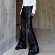 Load image into Gallery viewer, Zippered Shiny Striped Flared PU Leather Trousers