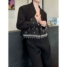 Load image into Gallery viewer, Rhinestone Crystal Fringe Cropped Lapel Blazer Straight Trousers Two-piece Set