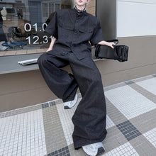 Load image into Gallery viewer, Stand Collar Beaded Denim Shoulder Pad Short Sleeve Wide Leg Trousers Two Piece Set