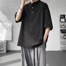 Load image into Gallery viewer, Cotton and Linen Henley Collar Loose T-Shirt