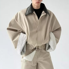 Load image into Gallery viewer, Leather Collar Contrast Plaid Oversized Turned-sleeve Cotton Jacket