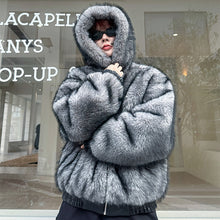 Load image into Gallery viewer, Winter Faux Fur Reversible Hooded Leather Coat