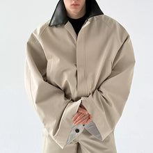 Load image into Gallery viewer, Leather Collar Contrast Plaid Oversized Turned-sleeve Cotton Jacket