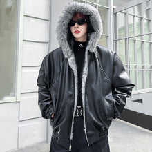 Load image into Gallery viewer, Winter Faux Fur Reversible Hooded Leather Coat