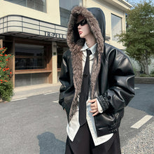 Load image into Gallery viewer, Winter Faux Fur Reversible Hooded Leather Coat