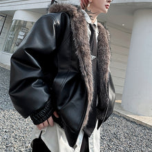 Load image into Gallery viewer, Winter Faux Fur Reversible Hooded Leather Coat