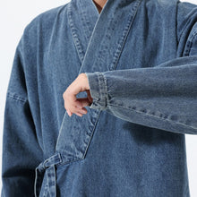 Load image into Gallery viewer, Vintage Washed Denim Cross Front Kimono Coat