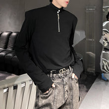 Load image into Gallery viewer, Retro Shoulder Pad Pearl Zipper Decoration Half Turtleneck T-shirts