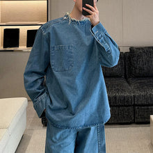 Load image into Gallery viewer, Distressed Raw Edge Stand Collar Side Zip Top Vintage Wide Leg Jeans Two Piece Set