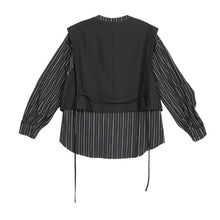 Load image into Gallery viewer, Women's Cropped V Neck Suit Vest Striped Lantern Sleeve Shirt Layered Two-piece Set