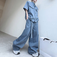 Load image into Gallery viewer, Stand Collar Beaded Denim Shoulder Pad Short Sleeve Wide Leg Trousers Two Piece Set
