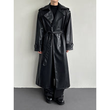 Load image into Gallery viewer, Double Breasted Belted PU Leather Long Trench Coat