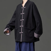 Load image into Gallery viewer, Fleece Lined Contrast Collar Frog Button Hanfu Cardigan