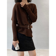 Load image into Gallery viewer, Women's Ribbed Knit Off Shoulder Belted Asymmetrical Hem Sweater