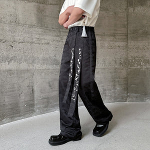 Embroidered Dark Pattern Casual Wide-leg Pants