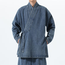 Load image into Gallery viewer, Vintage Washed Denim Cross Front Kimono Coat