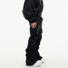 Load image into Gallery viewer, Dark Waxed Coated Ribbon Slightly Flared Mopping Stacked Denim Trousers