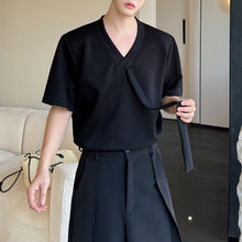 Load image into Gallery viewer, Ribbon V-neck Shoulder Pad T-shirt