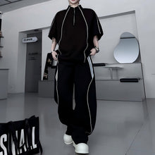 Load image into Gallery viewer, Stand-Collar Short-Sleeve Contrast Piping T-Shirt with & Zip-Front Wide-Leg Trousers Two-Piece Set