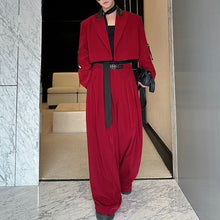 Load image into Gallery viewer, Contrast Color Patchwork Leather Short Jacket Draped Wide-leg Pants Red Suit Two-piece Suit