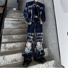 Load image into Gallery viewer, Fringed Denim Jacket and Ripped Jeans Two-piece Set