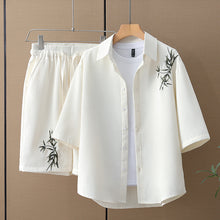 Load image into Gallery viewer, Bamboo Leaf Embroidered Casual Waffle Short Sleeve Suit