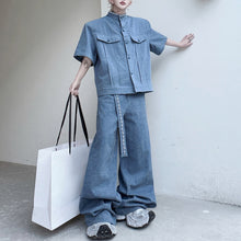 Load image into Gallery viewer, Stand Collar Beaded Denim Shoulder Pad Short Sleeve Wide Leg Trousers Two Piece Set