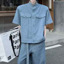 Load image into Gallery viewer, Vintage Denim Two-Piece Set Hand-Beaded Stand-Collar Short-Sleeve Jacket & Wide-Leg Trousers