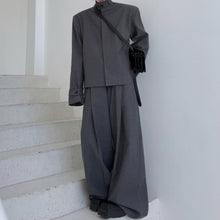 Load image into Gallery viewer, Stand Collar Padded Shoulder Jacket Loose Belt Wide Leg Pants Two Piece Set