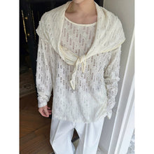 Load image into Gallery viewer, Floral Cutout Lace Pearl Shawl Overlay Crew Neck Loose Long Sleeve Shirt