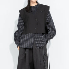 Load image into Gallery viewer, Women's Cropped V Neck Suit Vest Striped Lantern Sleeve Shirt Layered Two-piece Set