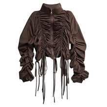 Load image into Gallery viewer, Women's Drawstring Ruched Stand Collar Top Irregular Fringe Skirt Two-piece Set