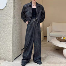 Load image into Gallery viewer, Vintage Heavy-wash Denim Jacket Distressed Wide-leg Pants Two-piece Set