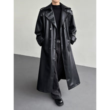 Load image into Gallery viewer, Double Breasted Belted PU Leather Long Trench Coat