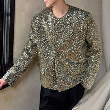 Load image into Gallery viewer, Gold Sequined Crew Neck Cropped Jacket