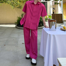 Load image into Gallery viewer, Slit Buttoned Shoulder Pad Shirt Wide Leg Trousers Two-Piece Set