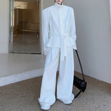 Load image into Gallery viewer, Stand Collar Padded Shoulder Jacket Loose Belt Wide Leg Pants Two Piece Set