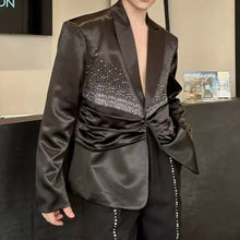 Load image into Gallery viewer, Rhinestone Embellished Satin Ruched Waist Lapel Blazer