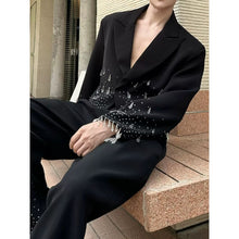Load image into Gallery viewer, Rhinestone Crystal Fringe Cropped Lapel Blazer Straight Trousers Two-piece Set
