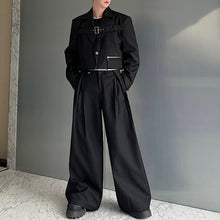 Load image into Gallery viewer, Deconstructed Lace-Up Cropped Blazer Contrast Leather Drawstring Wide-Leg Pants Two-Piece Set