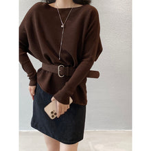 Load image into Gallery viewer, Women's Ribbed Knit Off Shoulder Belted Asymmetrical Hem Sweater