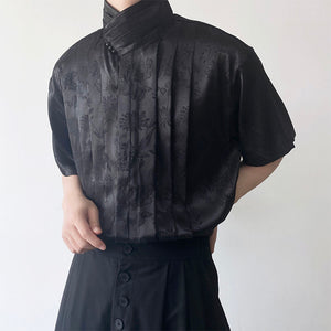 Vintage Jacquard Stand Collar Short Sleeve Shirt