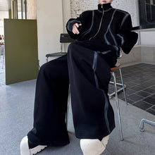 Load image into Gallery viewer, Stand Collar Hand-painted Stroke Shoulder Pad Sweatshirt Casual Wide-leg Pants Two-piece Suit