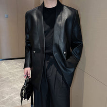 Load image into Gallery viewer, Shoulder Pad PU Leather Collarless Blazer